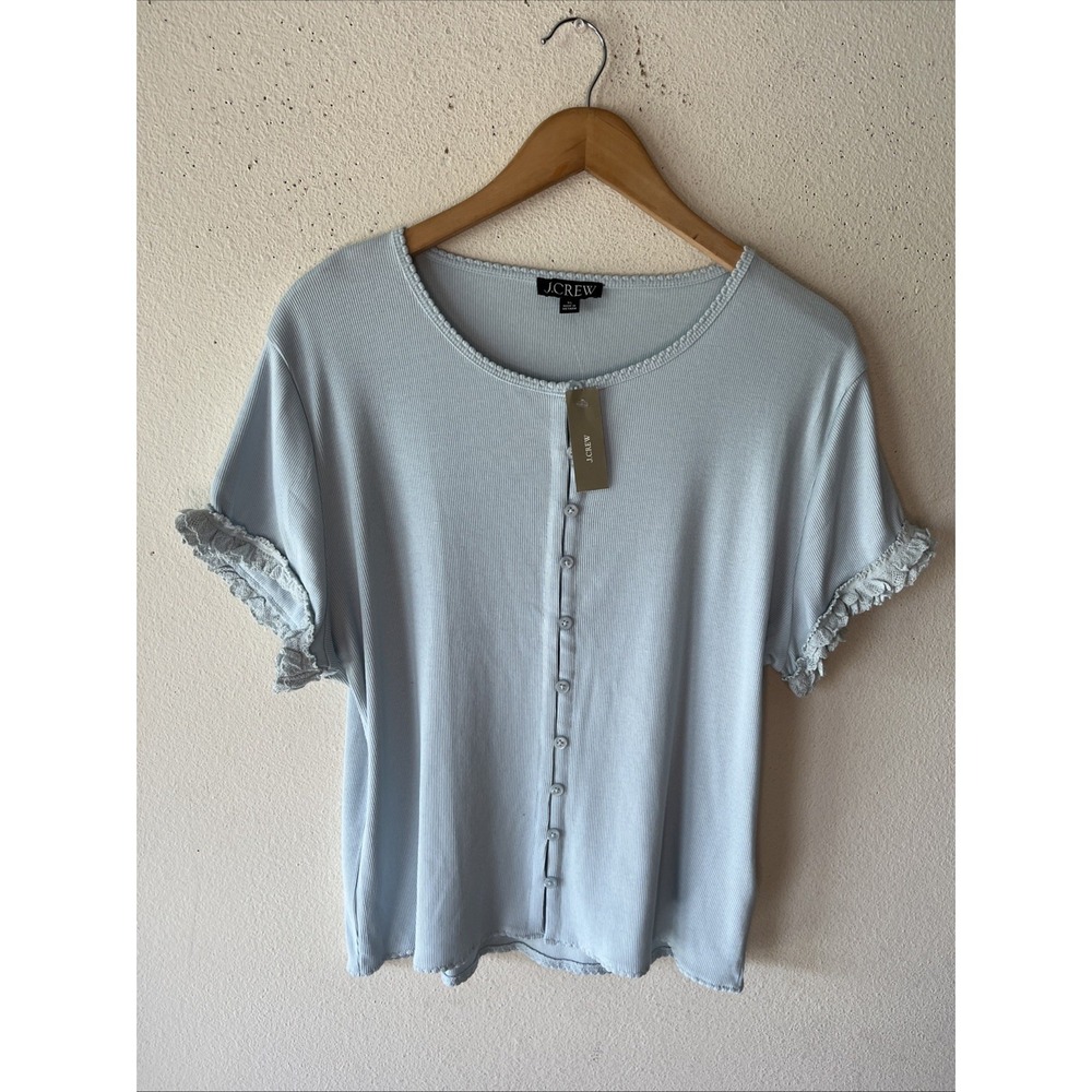 J.Crew Fine rib crochet-trim cardigan Soft Blue Ribbed Top XL New Preppy Y2K